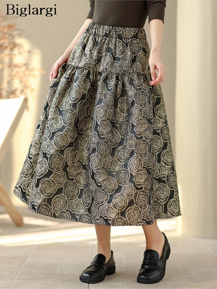 

Spring Oversized Flower Ball Gown Skrit Women New Fashion Elastic Waist Pleated Ladies Skirts Casual Loose Woman A-Line Skrit