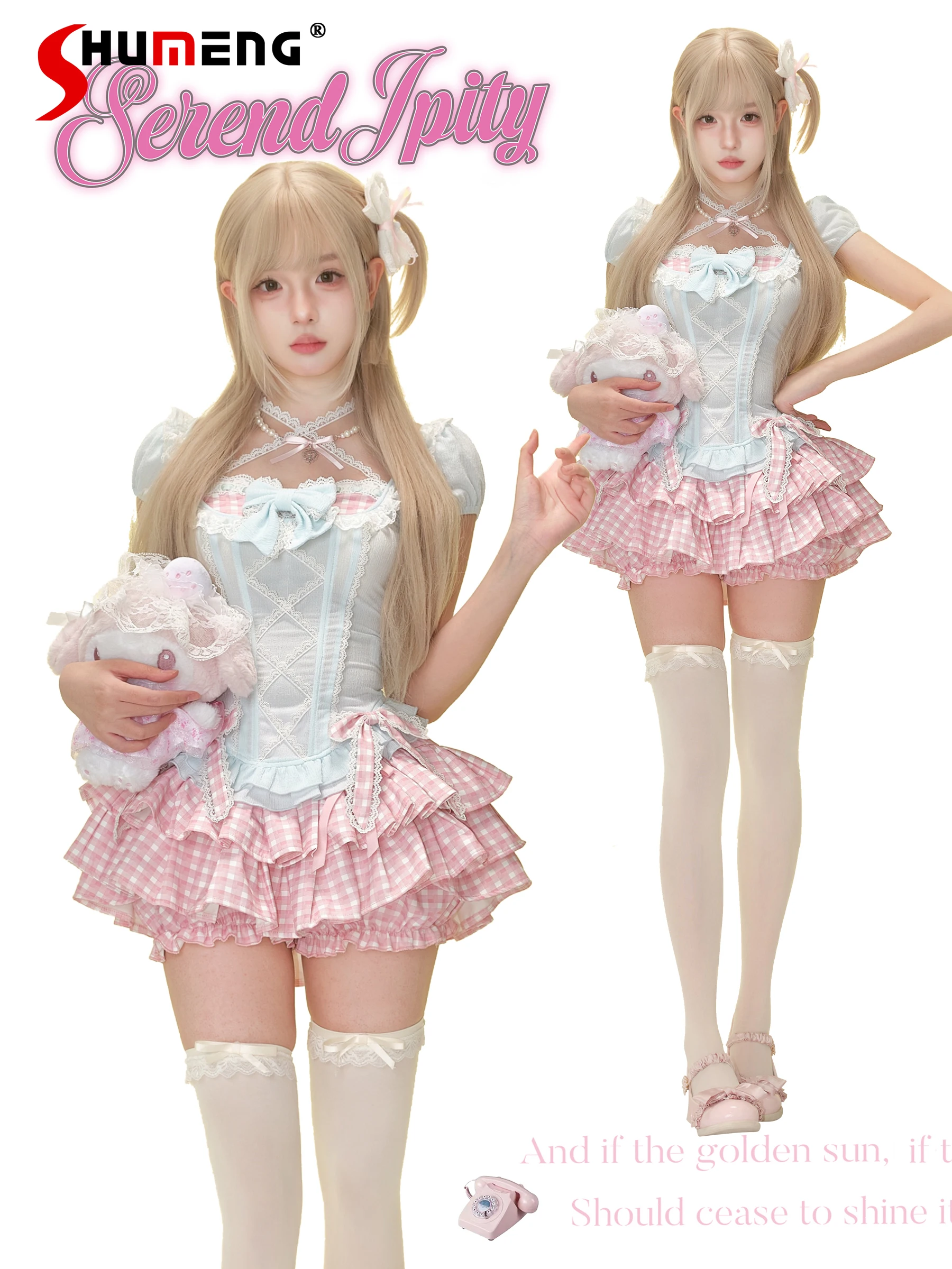 

Sweet Cool Girl Y2K Cake Skirts Blue Square Neck Bow Short-sleeved Slim Shirts Tops Pink Plaid Mini Skirt Two-piece Sets Women