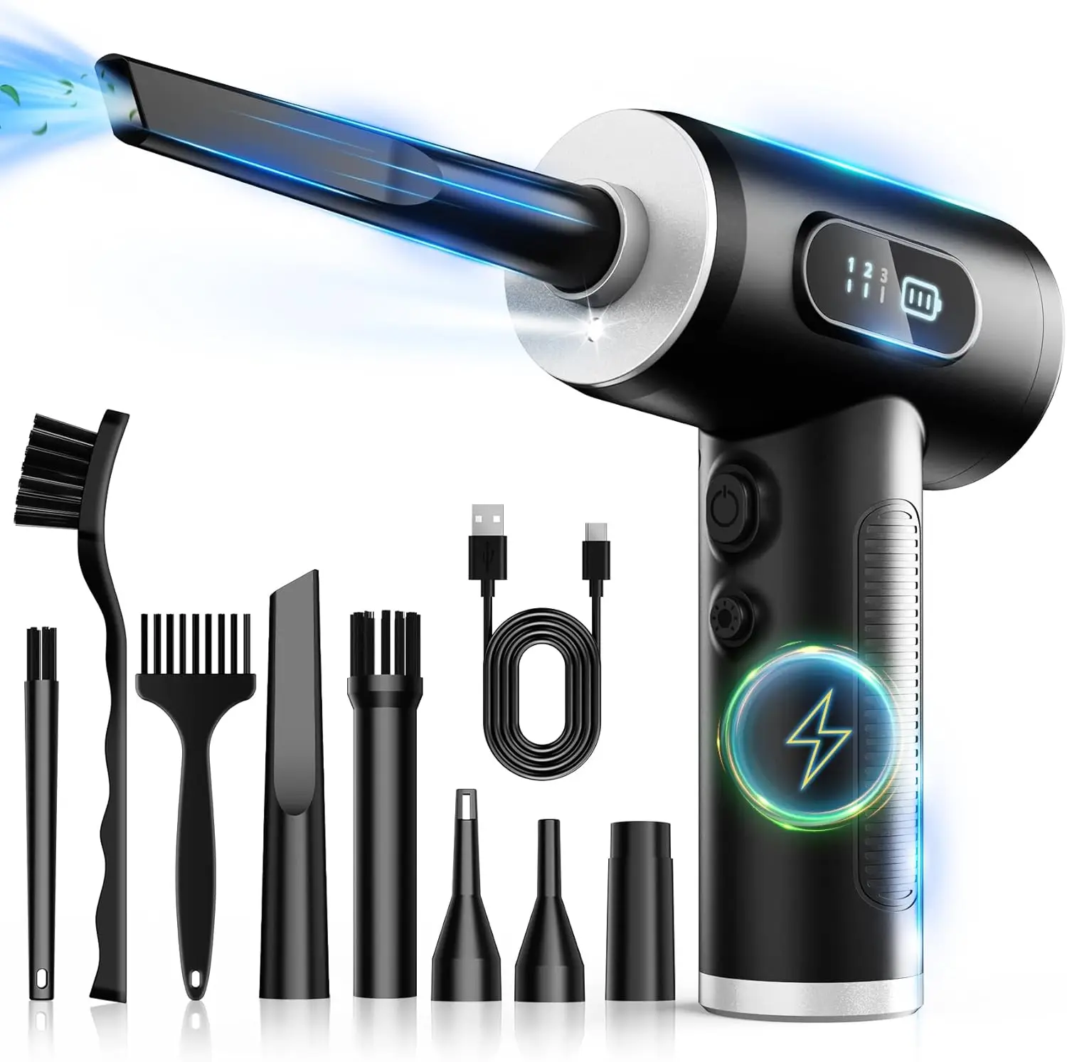 

Электрическая воздуходувка с 3 скоростями, 100000 об/мин, со светодиодной подсветкой, перезаряжаемая, для чистки клавиатуры и устройств