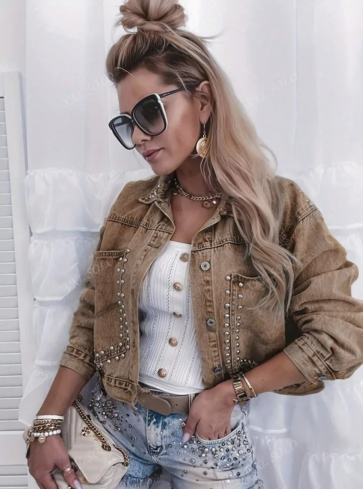 Women's Vintage Washed Rivet Denim Jacket, Lapel Collar Metal Studded Cropped Jean Coat, Long Sleeve Button Down Casual Trucker