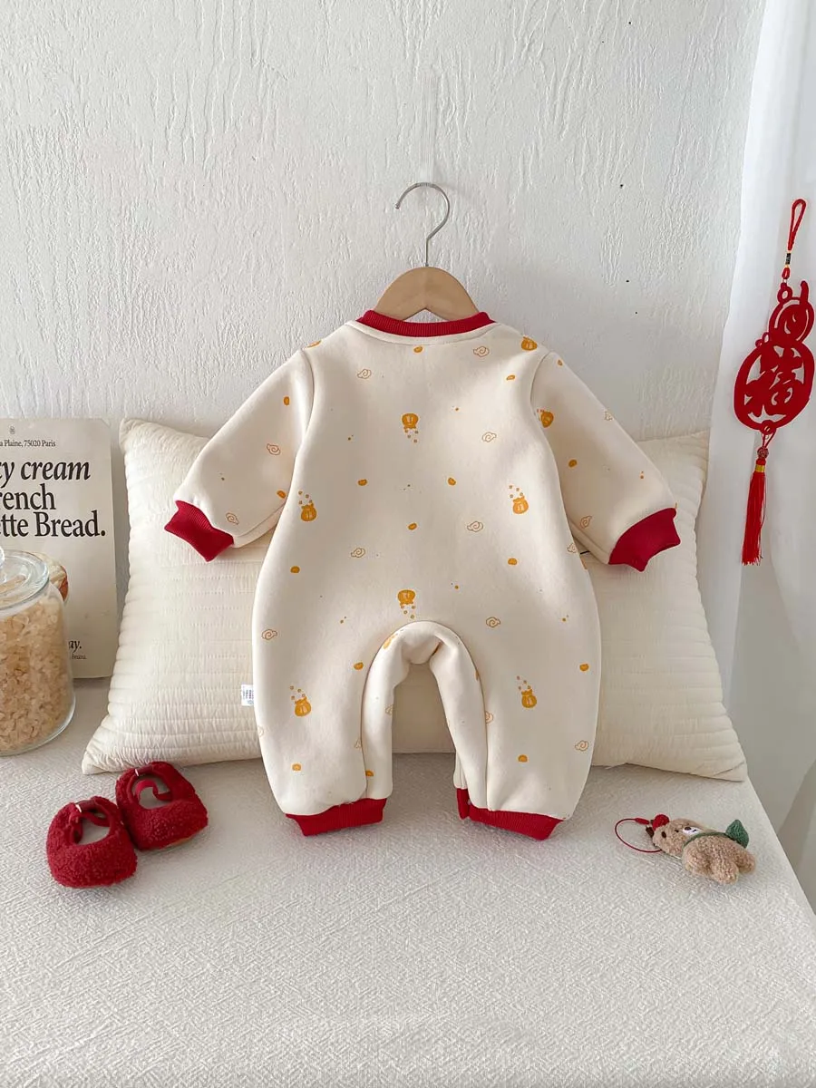 

Winter Baby Cute Cartoon Horse Plus Velvet Long Sleeve Jumpsuit for Boys and Girls, Winter New Year Greeting Plus Velvet Warm Cl
