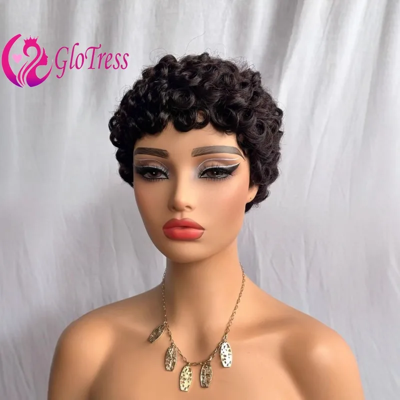 

Премиальный натуральный черный волнистый парик из 100% человеческих волос, полностью машинной работы, короткая стрижка пикси для женщин, 6 дюймов, парик из волос Реми, без клея