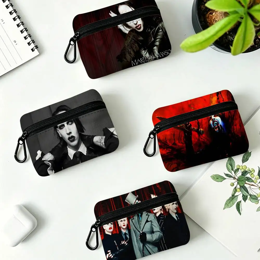 Marilyn Manson Industrial Rock Band Lightweight Oxford Fabric Coin Purse Carabiner Hook Design Mini Card Key Organizer Bag