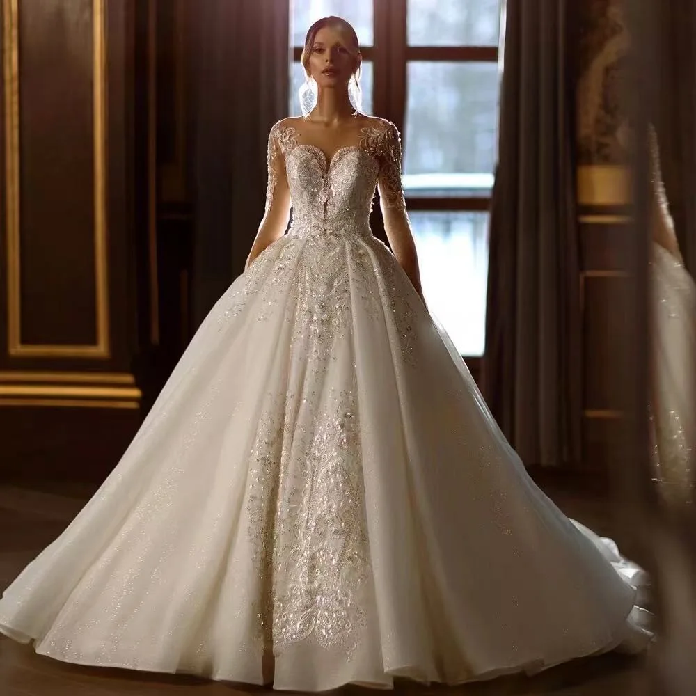 Luxury Princess Ballgown Bridal Gown Sweetheart Neck Long Sleeve Wedding Dress Beaded Sparkle Custom Made Vestido De Novia