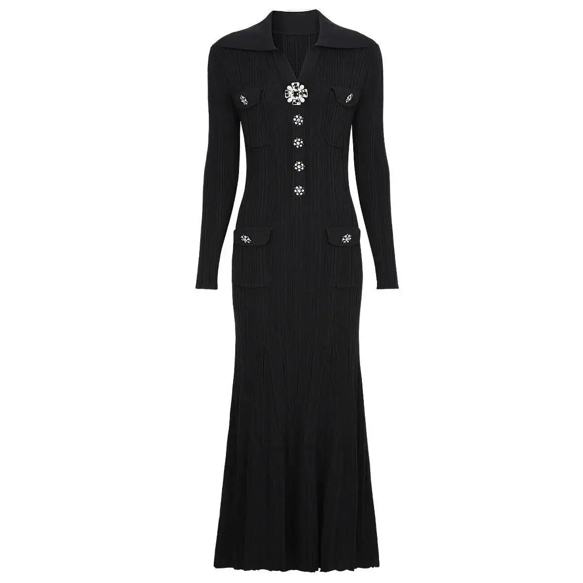 ชุดเดรสไหมพรมแขนยาว LEOSOXS ปกเสื้อปักเลื่อมติดกระดุมทรงหางปลา ชุดเดรสยาวทรงเข้ารูปสำหรับผู้หญิง ฤดูใบไม้ร่วง ทรงสลิม เซ็กซี่ เสื้อผ้าปี 2025