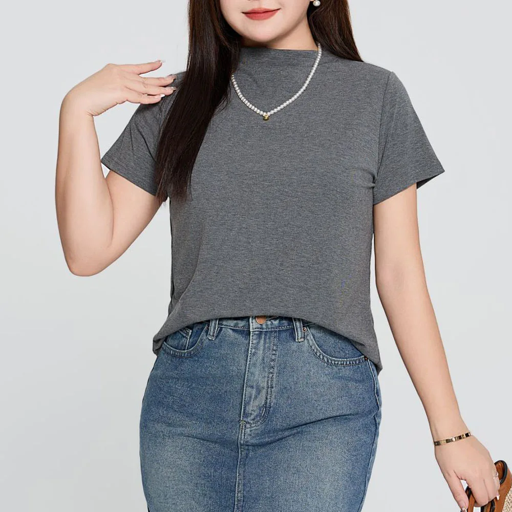 Slim Short Sleeve T-shirt for Women, Office Lady Tops, Stand Collar, American Vintage, Good Quality, Plus Size, Autumn, 2024