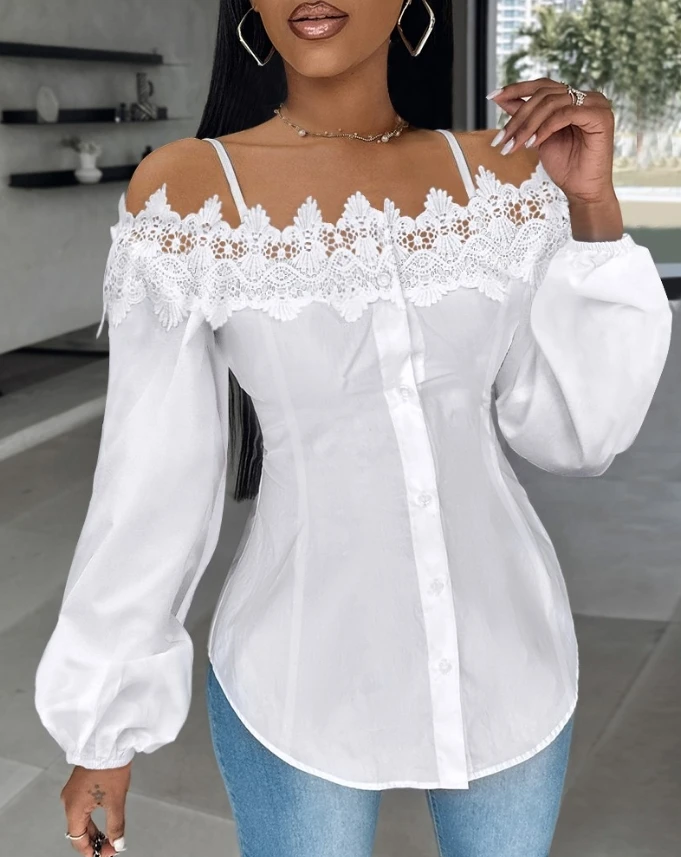 

Women's Elegant Top 2024 Spring Summer Latest Casual Solid Color Cold Shoulder Contrast Lace Shirt Long Sleeve Button Blouses