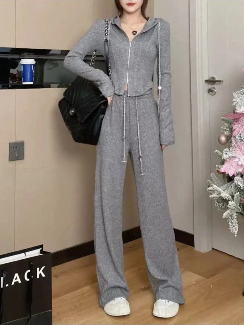 

ular Zipper Hoodie Jaet And Loose Wide Leg Pants Women's Two Piece Set Spring Autumn Casual High Waist Pure Color