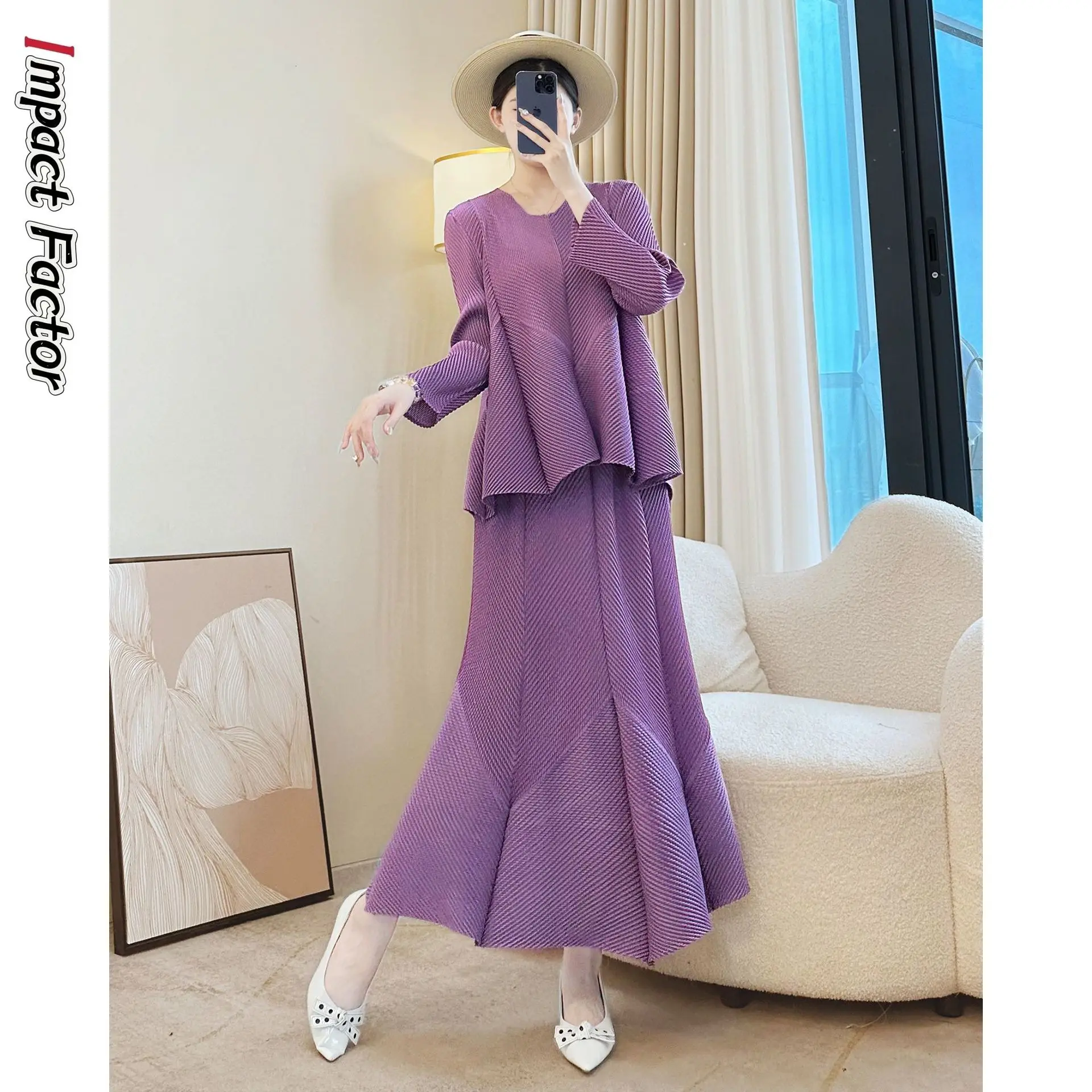 Miyake Tinta unita Moda Abito irregolare allentato 2025 Autunno Nuovo scollo a V Top a pieghe + Gonna a pieghe Abbigliamento donna in due pezzi