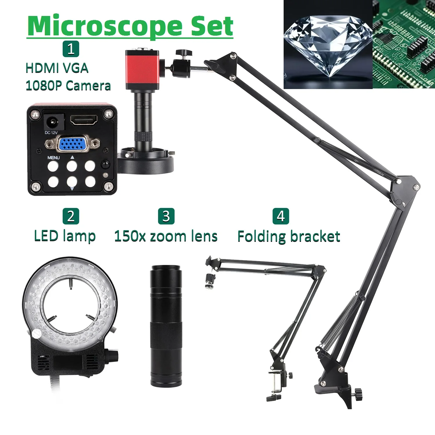 4k 48MP 60FPS Digital USB HDMI Video Microscope Camera Sets 0-150X Lens+LED Ring Light Electronic Soldering Repair Tools