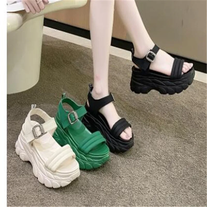 2024 Summer Green Metal Buckle Platform Sandals Women Adjustable Wedge High Heels 8cm Chunky Sole Sports Beach Slides