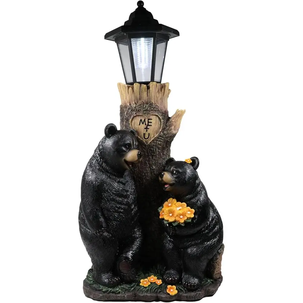

Rustic Black Bear Couple Statue with LED Lantern for Courtship and Valentine's Day Garden Decor