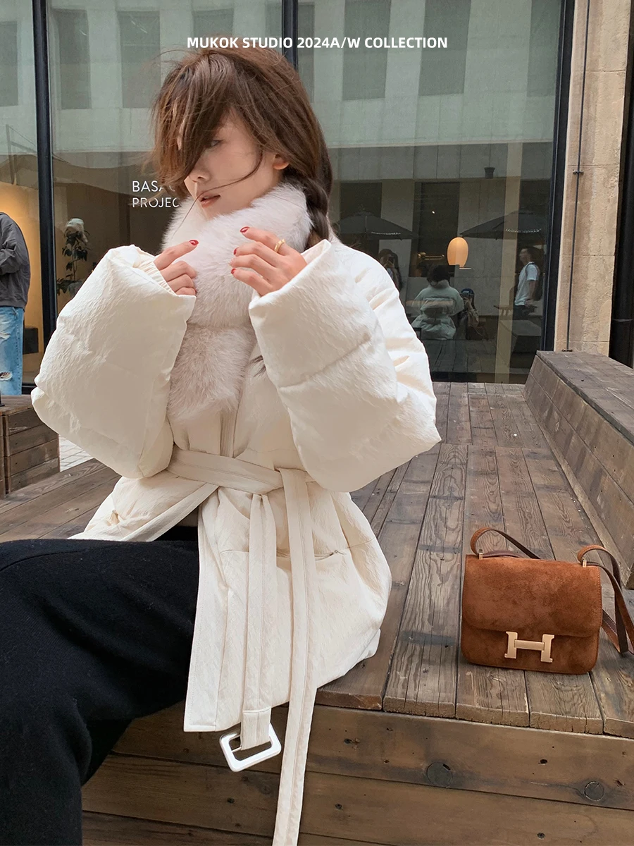 

MUKOK White Du down Jaet Slimming Waist Belt Small Size Fur Collar Mid-Length Thiened Winter Coat for Women