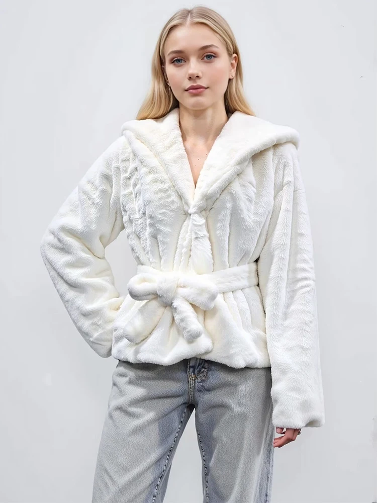 

Женская зимняя куртка из искусственного меха с длинным рукавом, модная куртка с капюшоном и поясом, утепленное, теплое, элегантное женское пальто, уличная повседневная новая верхняя одежда