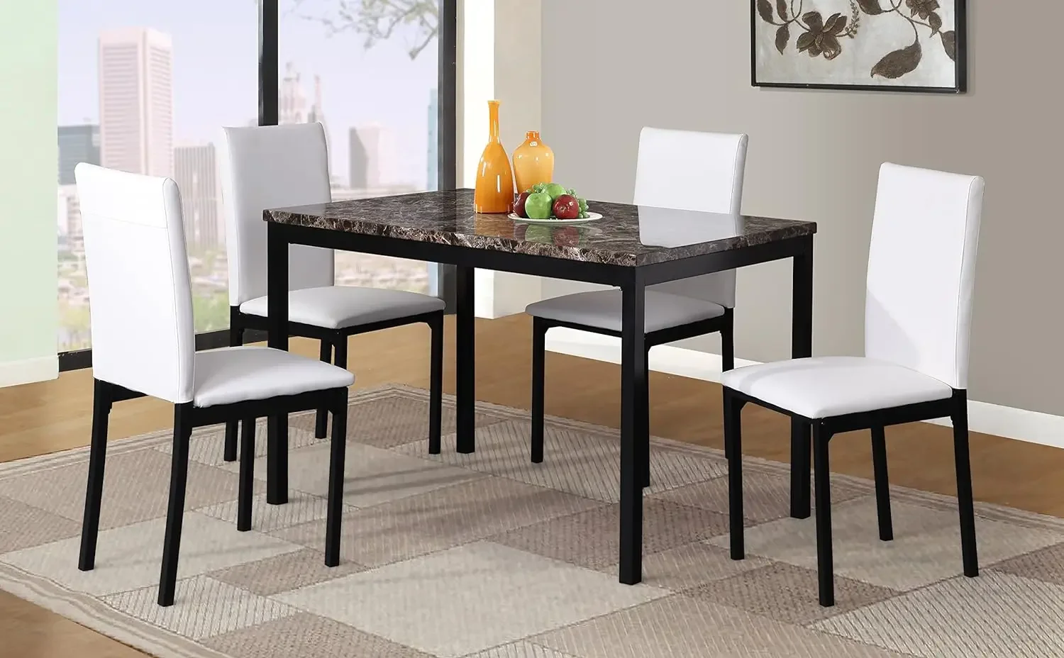 5 piece Citi metal dining table set with laminated faux marble top - white