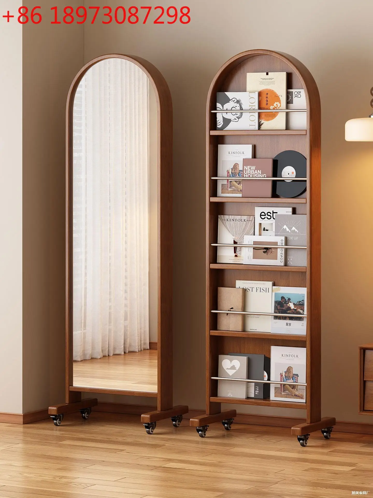 Medieval style all solid wood movable full body mirror floor storage rack