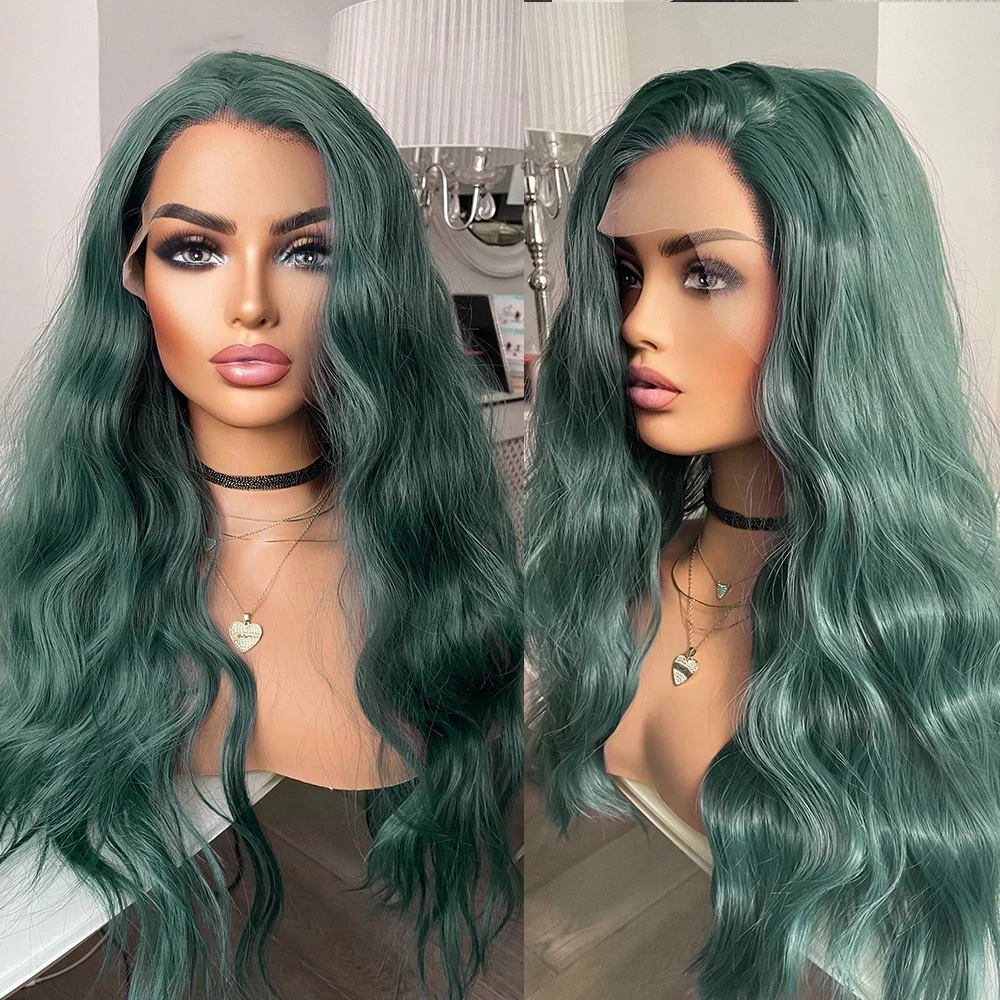 QW Green Synthetic Lace Front Wig Natural Wave High Temperature Fiber Wigs for Women Long Lace Glueless Wigs Cosplay Daily