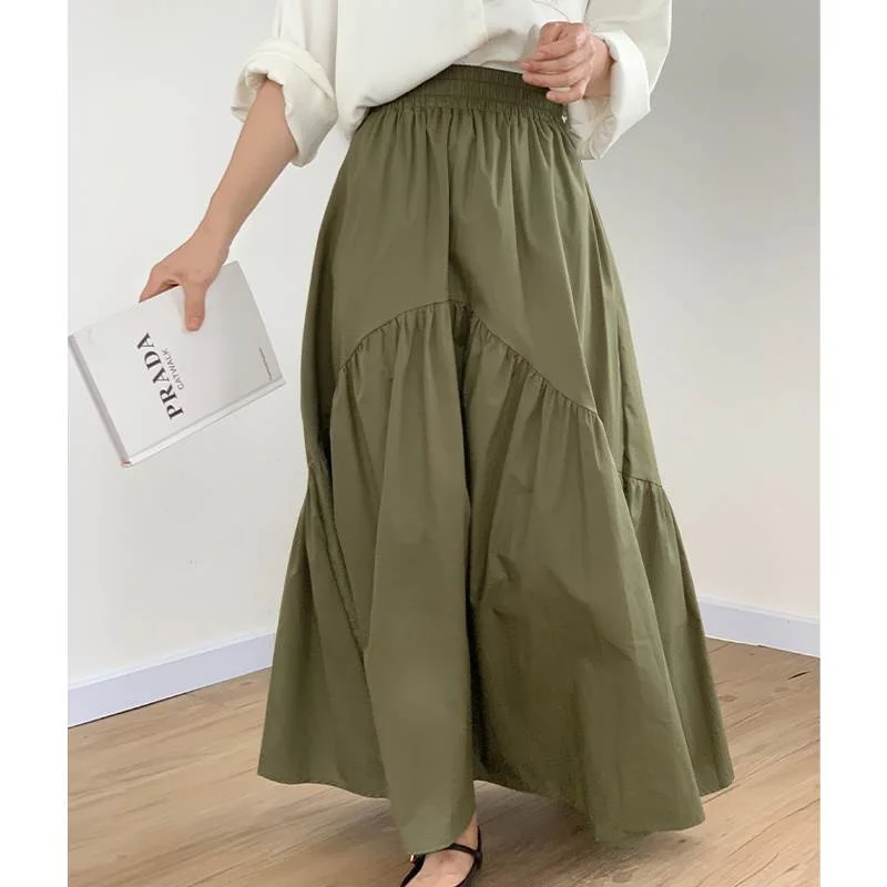 

High Waist Elastic Casual White Pleated Long Skirt Korean Hong Kong Sle Artistic Spring Summer Versatile f Body Skirt