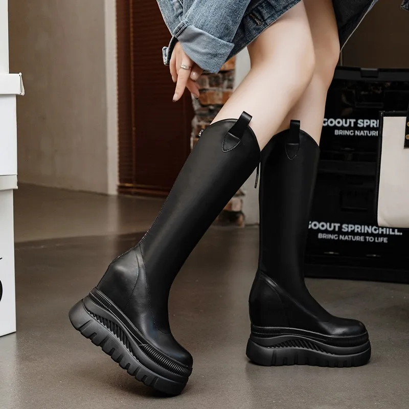 Botas de Mujer con Tacón Súper Alto de 12 CM, Cierre Trasero, Color Sólido, Interior de PU, Botas Altas hasta la Rodilla con Plataforma y Cuña, Zapatos Nuevos