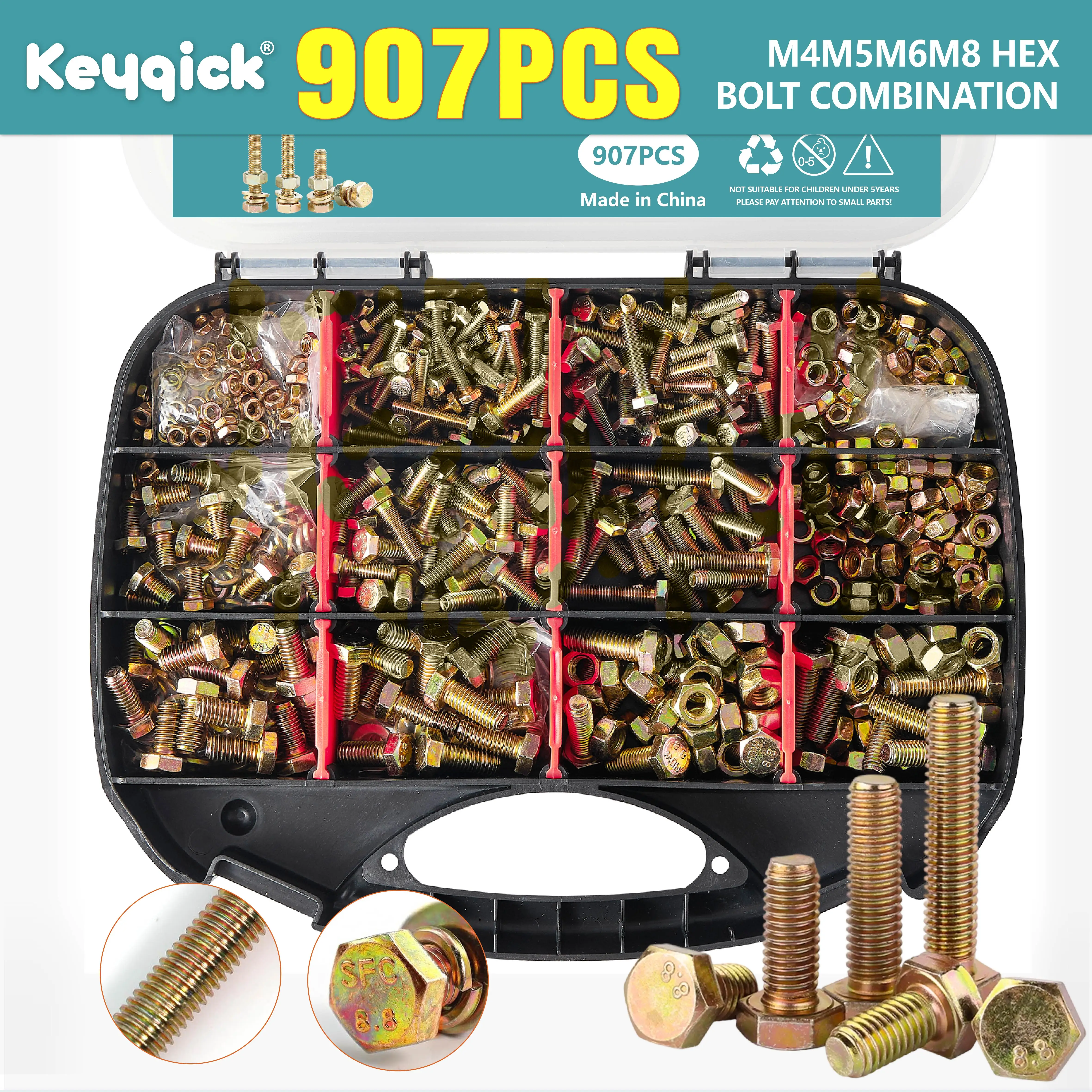 907pcs Heavy-Duty Grade 8.8 Metric & SAE Bolt Assortment Kit with Nuts & Spring Washers Compatible for Automotive, DIY - Zinc-Plated Corrosion-Resistant Bolts,  Ideal for Machinery, Automotive, Furniture, Projects, Repairs - Durable Fasteners