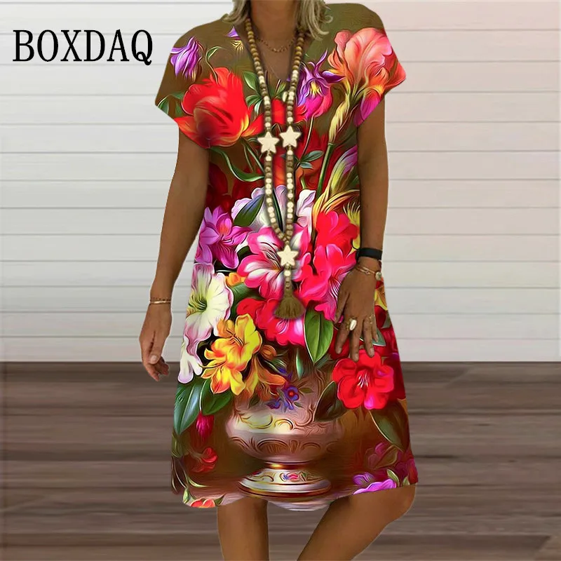 2023 New Women Dresses Summer Fashion Short Sleeve Flower Print Dress Oversized Casual Loose V-Neck Ladies Clothing Sundress