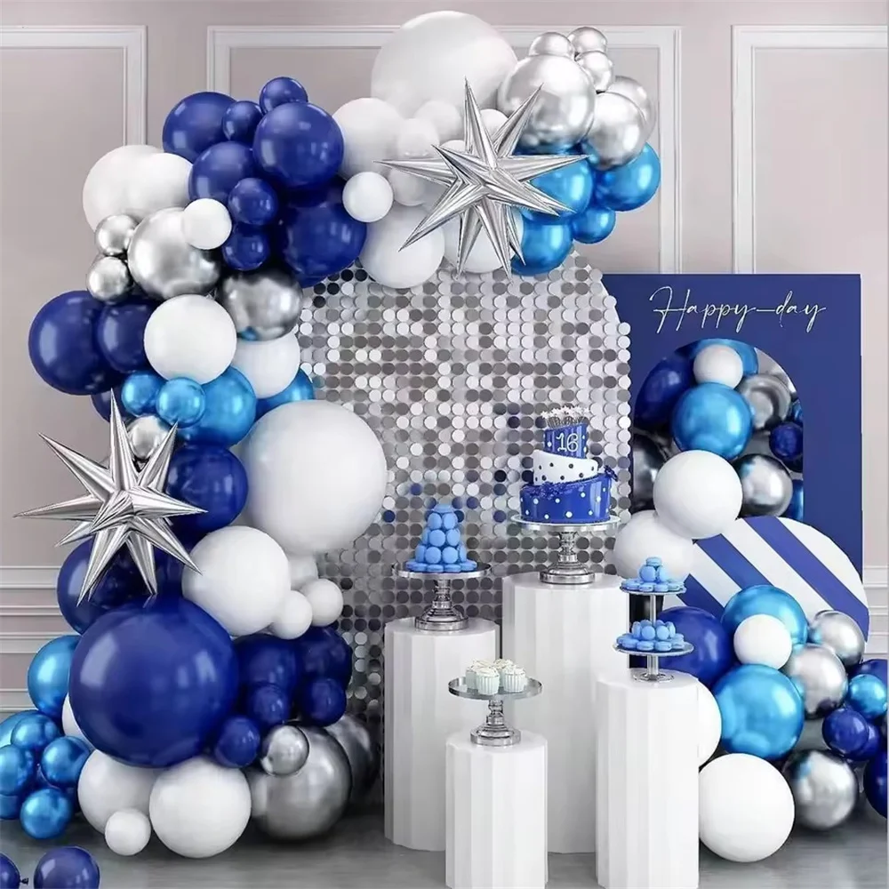 

122pcs Navy Blue Balloon Navy Blue Silver Grey Blue White Metal Latex Balloon Set for Graduation Birthday Party Decoration