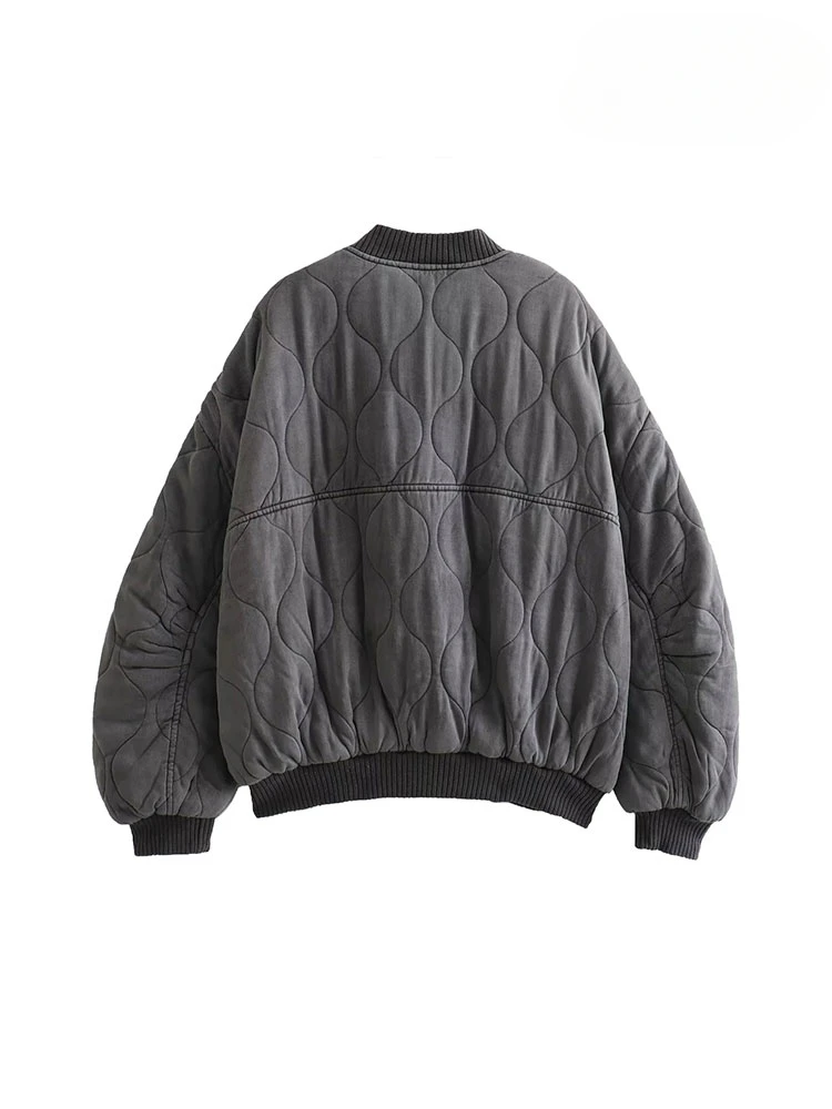 Women's Oversized Thick Warm Quilted Bomber Jackets, Vintage Long Sleeves, Snap-Button, Female Outerwear, Chic Tops, Fashion