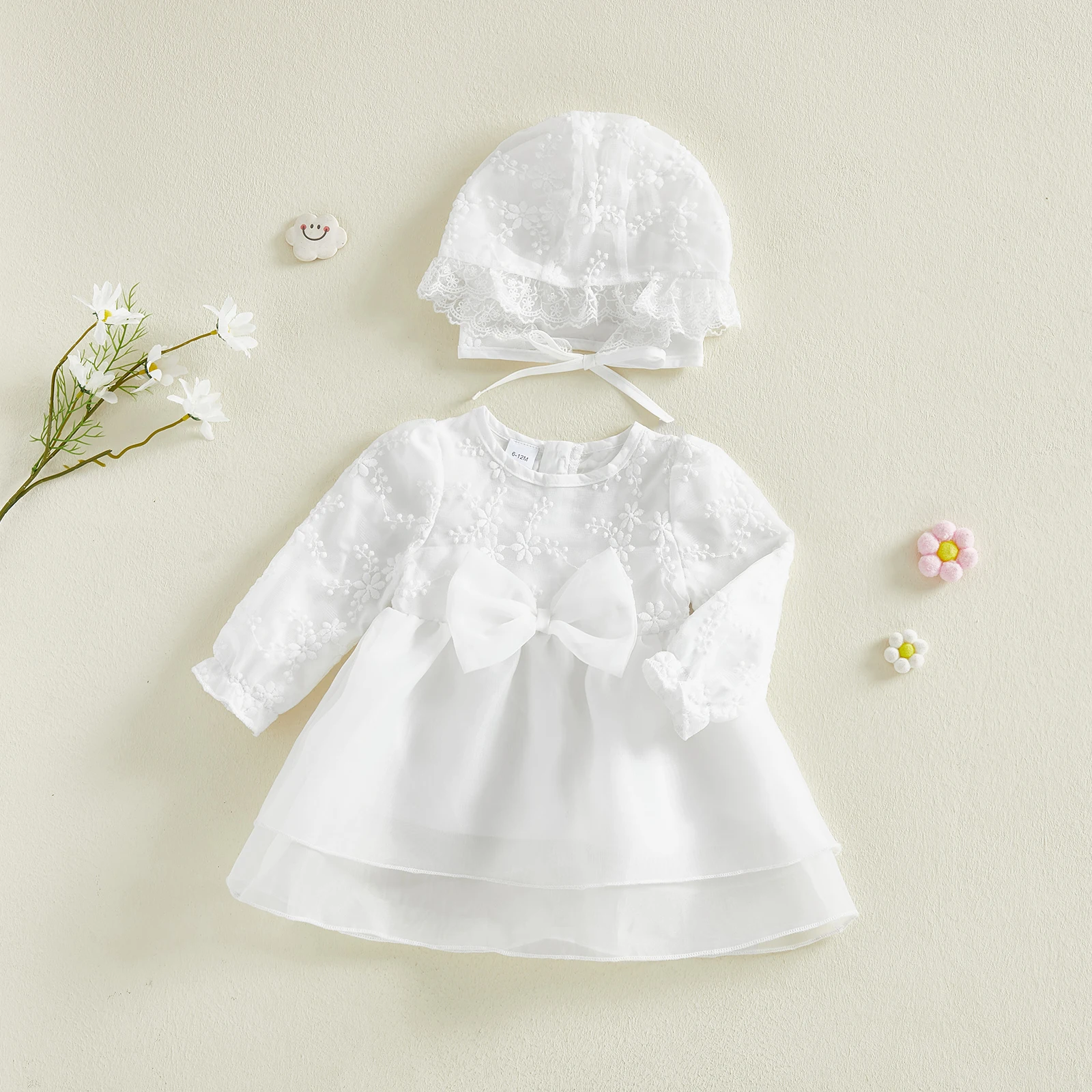 Baby Girls Floral Embroidery Lace Dress Long Sleeve Round Neck Tulle A-line Dress with Hat Infant Princess Dresses