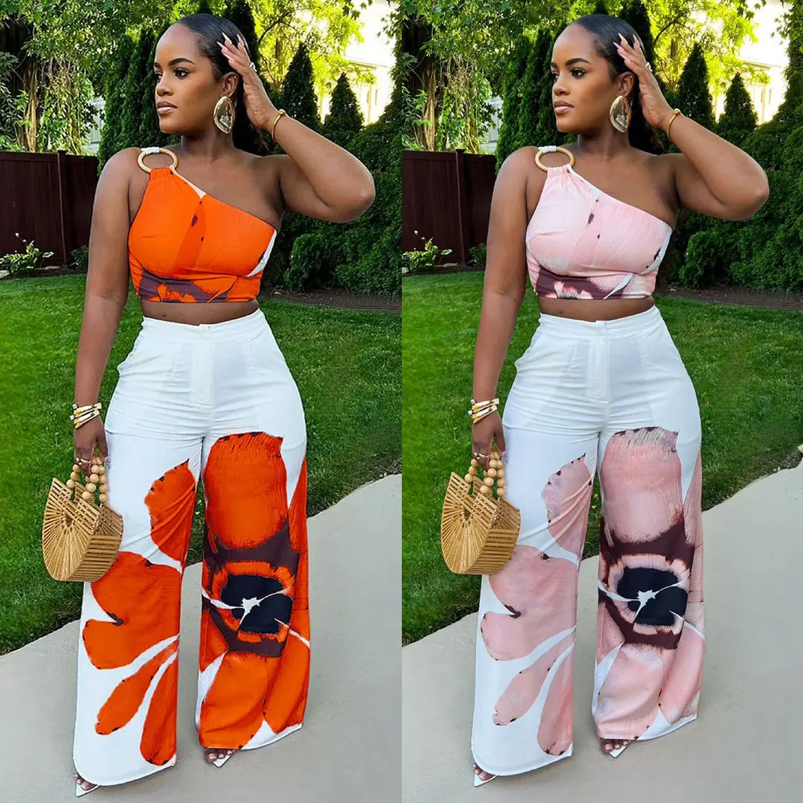 

Summer Women's 2-piece Sets Short One-shoulder Tight Vest Flower Holiday Hottie Nightclub Fashion Button Wide-leg Pants Suit