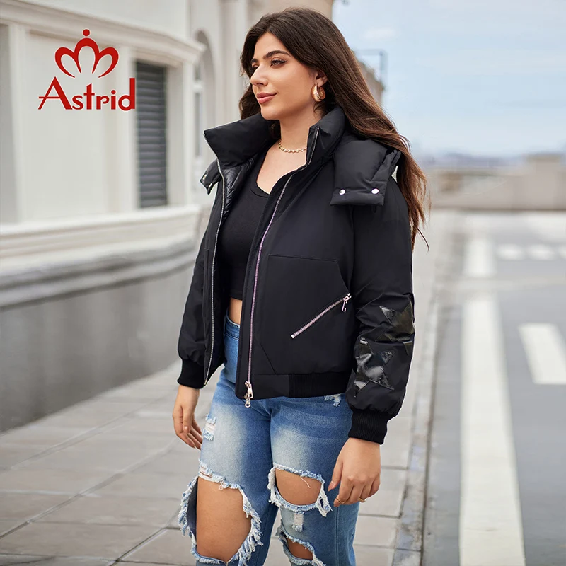 Astrid-Veste courte en duvet pour femme, parka chaude avec capuche, col en fourrure, imprimé optique, grande taille, à la mode, hiver, 30192