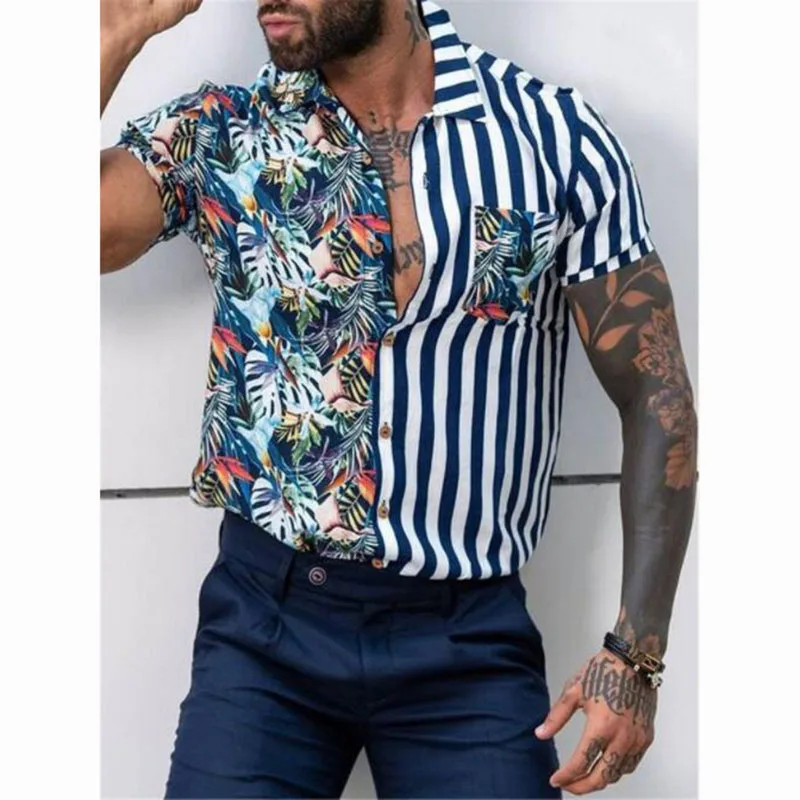 

Men's Hawaiian Striped Summer Casual Floral Short Sleeve Shirt Korean Printed Social Loose And Breathable Vintage Dazn Clothes