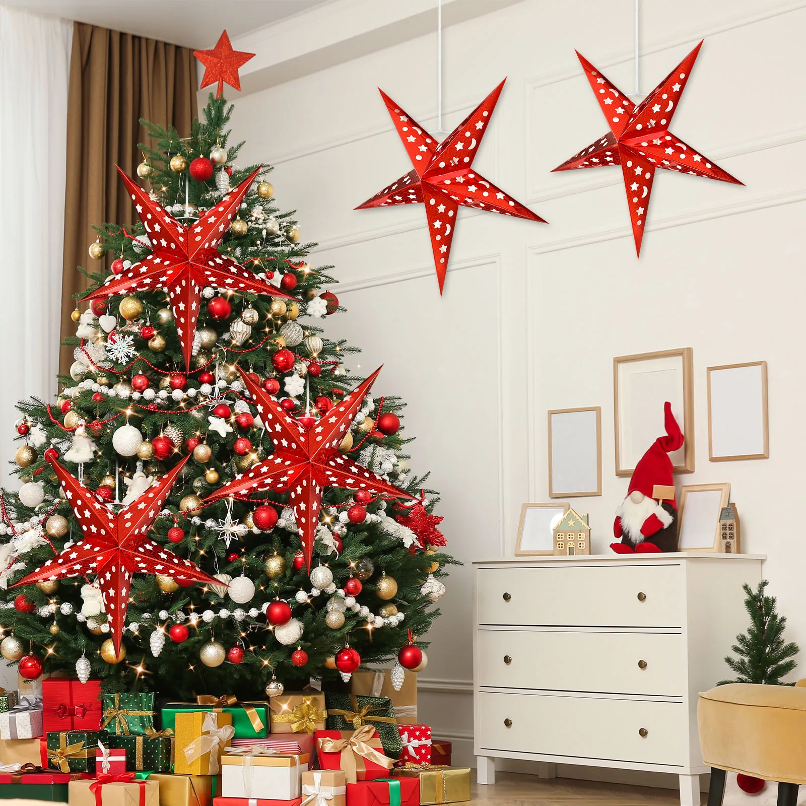 5pcs 45Cm Star Lamp Shade Red Paper Hanging Ceiling Light Decor For Wedding Birthday Home Party Bedroom Fairy String Lights