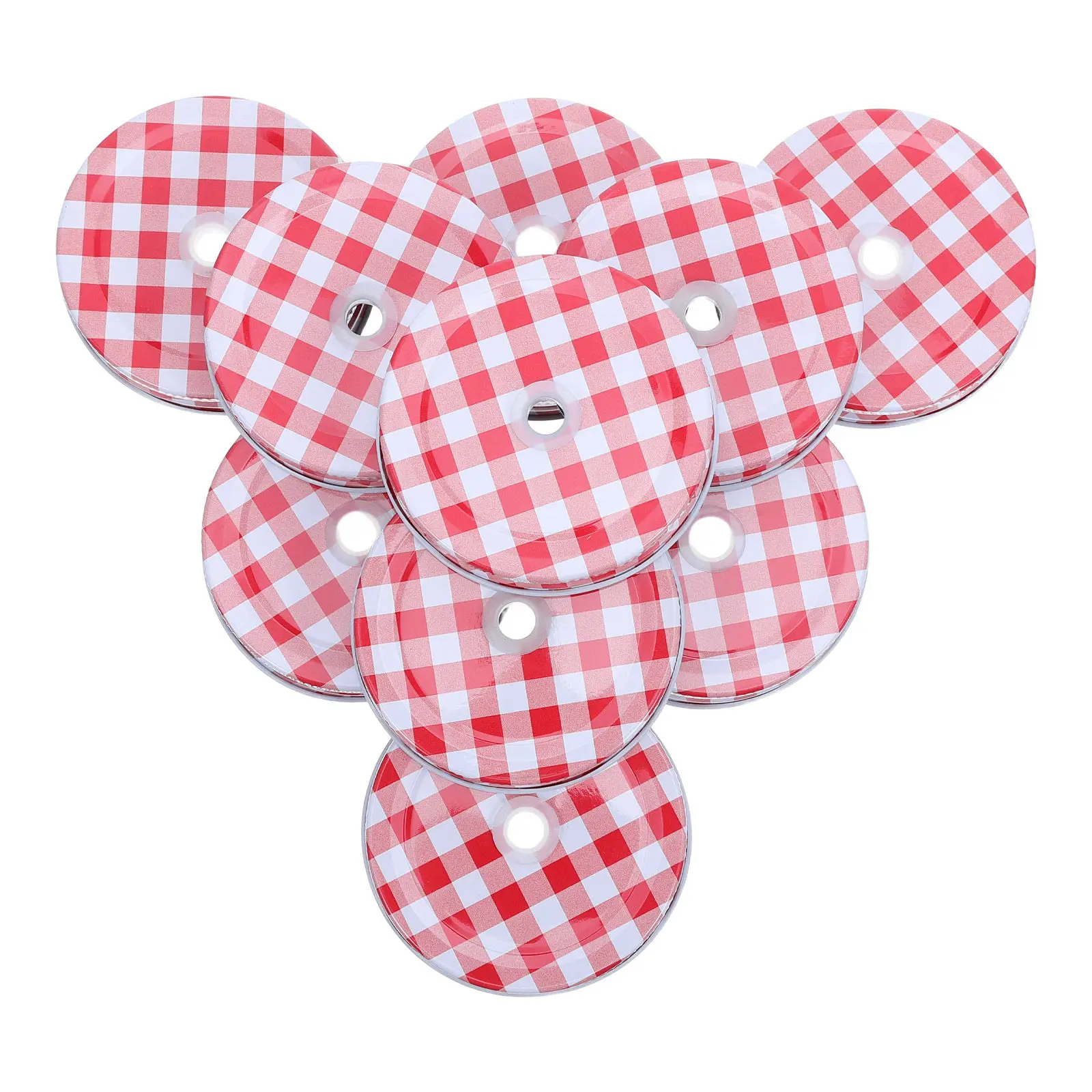 10Pcs Jar Lids Red Gingham Checkered Regular Mouth Straw Hole Tinplate Canning Jar Covers 70Mm for Cold Drinks
