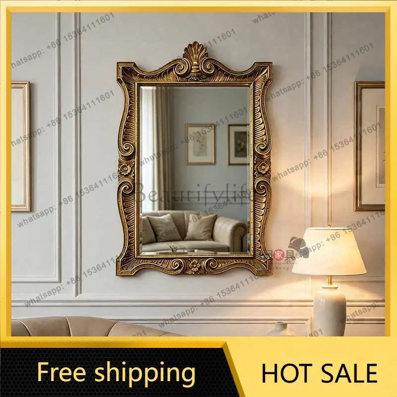 French retro style carved bathroom mirror wall-mounted European special-shaped American living room background decorative mirror