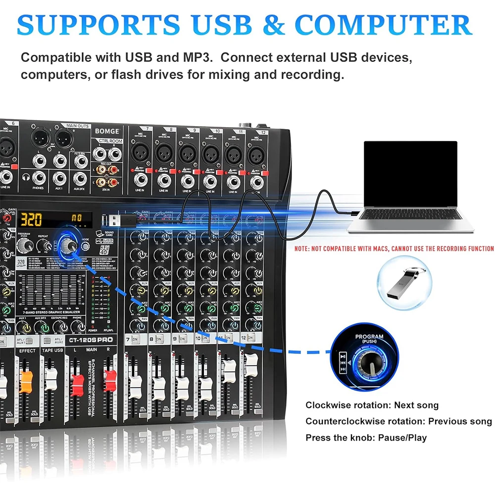 BOMGE Professional 12 Channel Audio Mixer Mixing DJ Console USB with 48V Phantom Power 320 DSP Effects Sound Table for Stage image 6