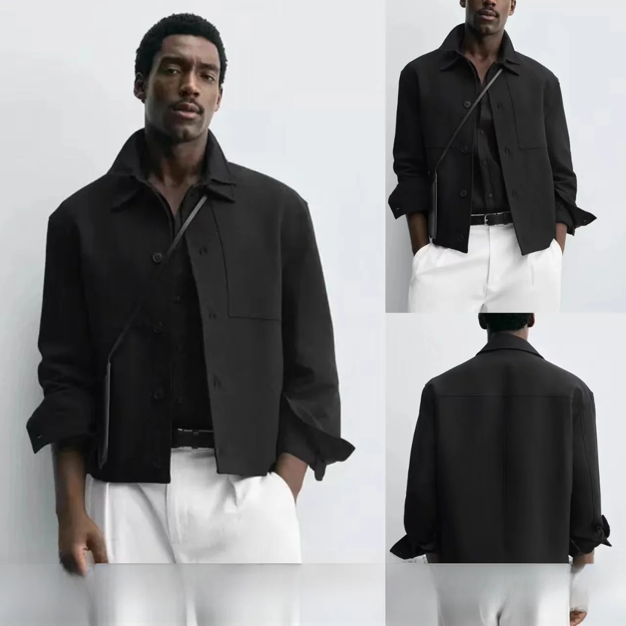 

Fall 2025 Men's Boxy Fit Long Sve irt Jaet New Arrival Casual Sle Stand Fit Polyester Viscose Spandex Button Closure