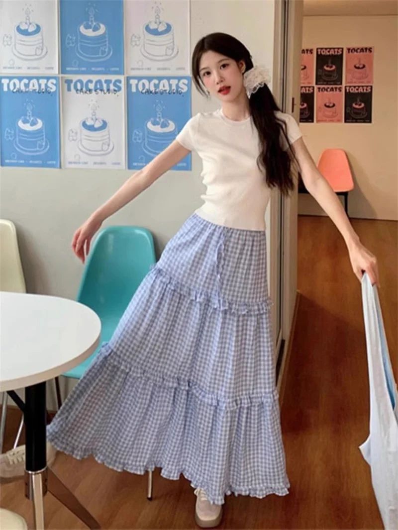 2025 Duży rozmiar damski letni nowy przedmiot, gruba mm francuska słodka koronkowa spódnica w kratę z temperamentem, długa spódnica z wysokim stanem dla kobiet