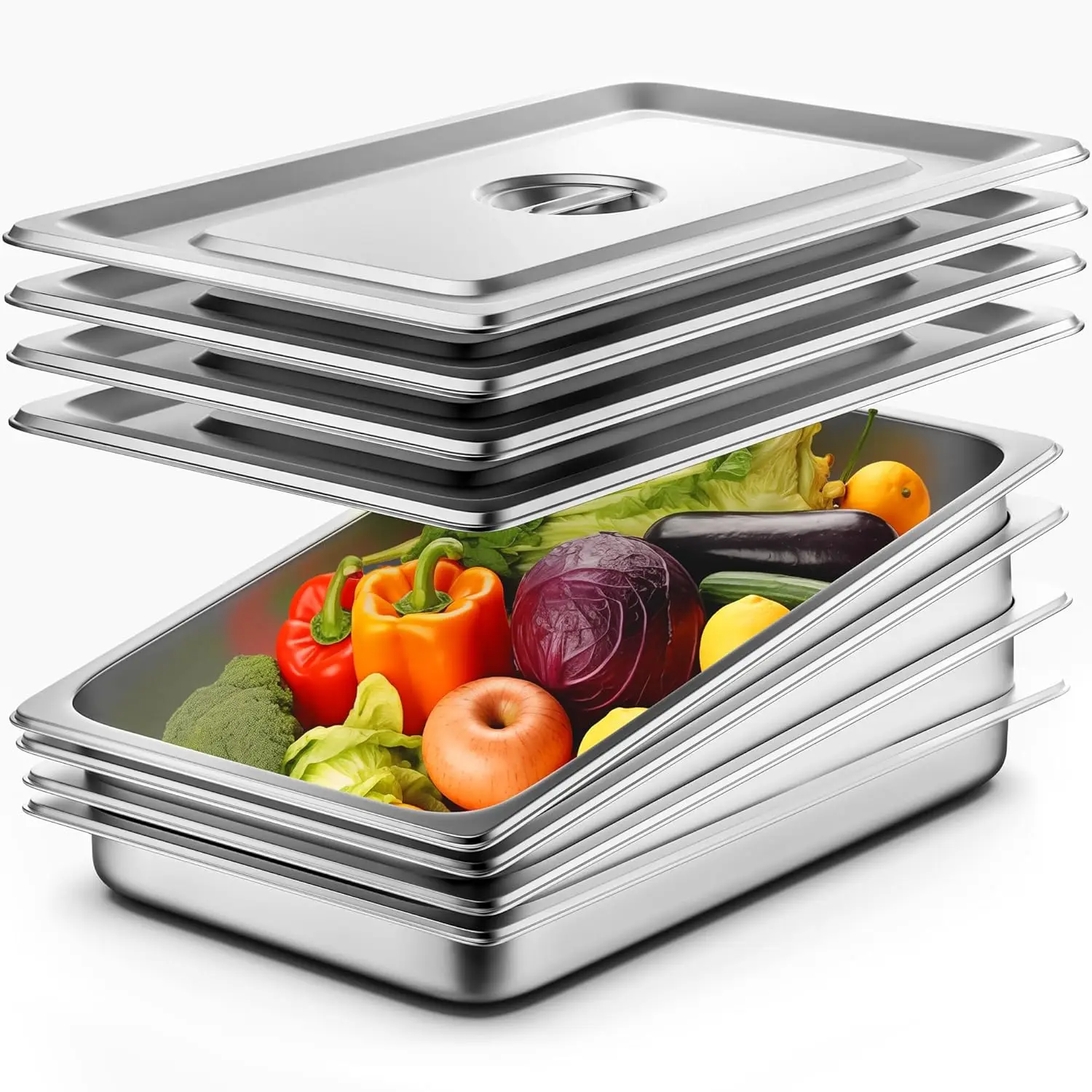 

4-Pack Stainless Steel Hotel Pans with Lids, 2.5" Deep for Commercial and Home Use