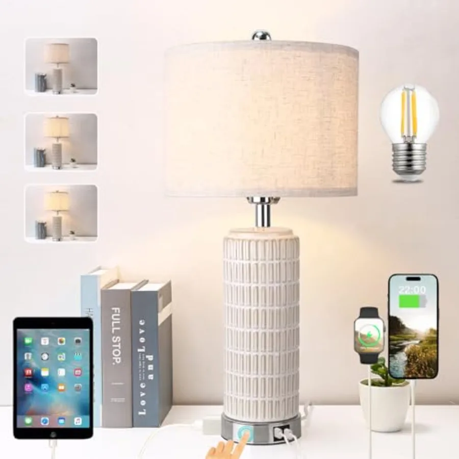 Ceramic Table Lamps with Charging USB Port and Outlet3 Way Dimmable Touch Control Desk end Lamp Bedside Nightstand Light for Fa