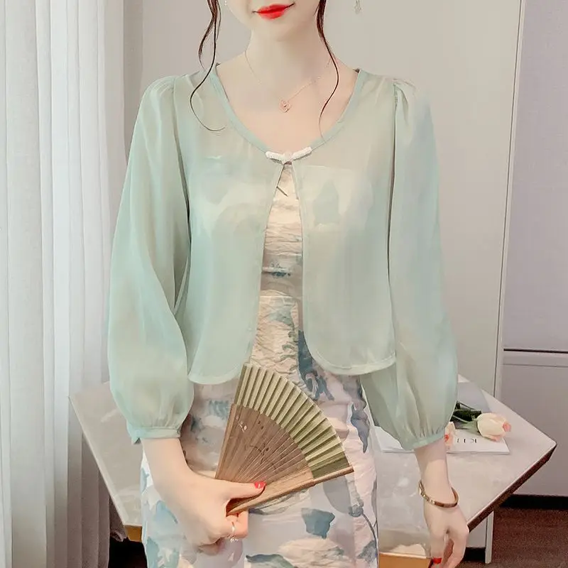 

Chinese Style Chiffon Sunscreen Clothing Women's Summer Cardigan Solid Button Round Neck Loose Nine Quarter Shawl Ponchos Tops