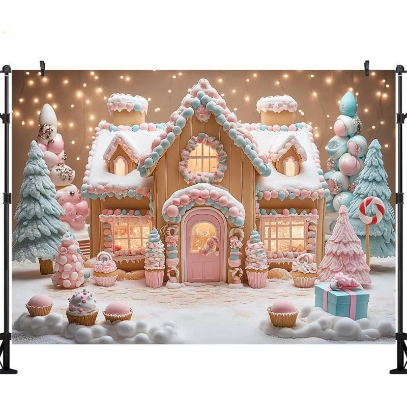 LS Christmas Gingerbread House Backdrop Photography Cookie Xmas Tree Present Snowy Forest Background Winter Studio Photo