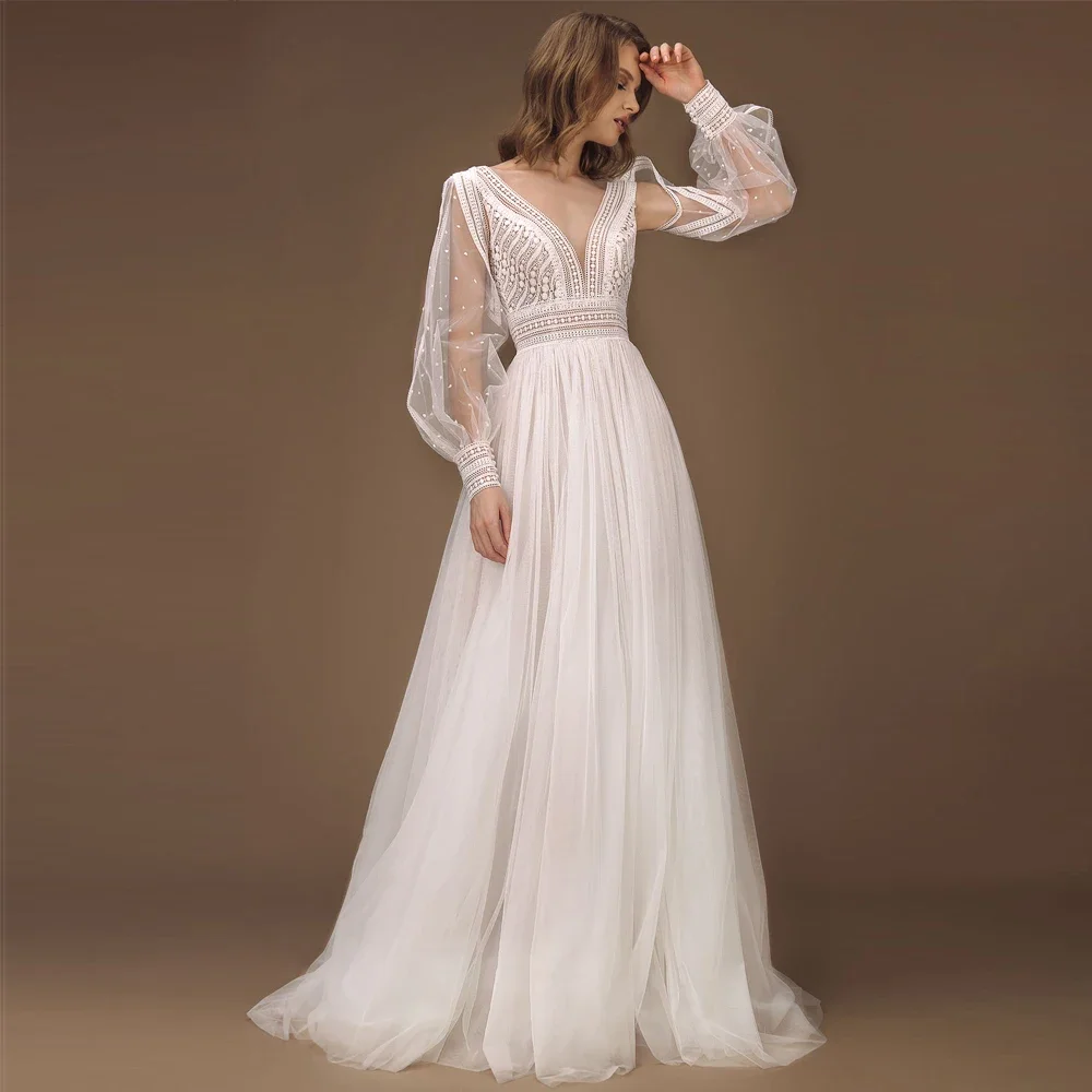 

Vestidos Elegant Wedding Dresses Customized Tulle Illusion Lace Pearls V-Neck Backless Full Sleeve Ball Bridal Gowns 2025