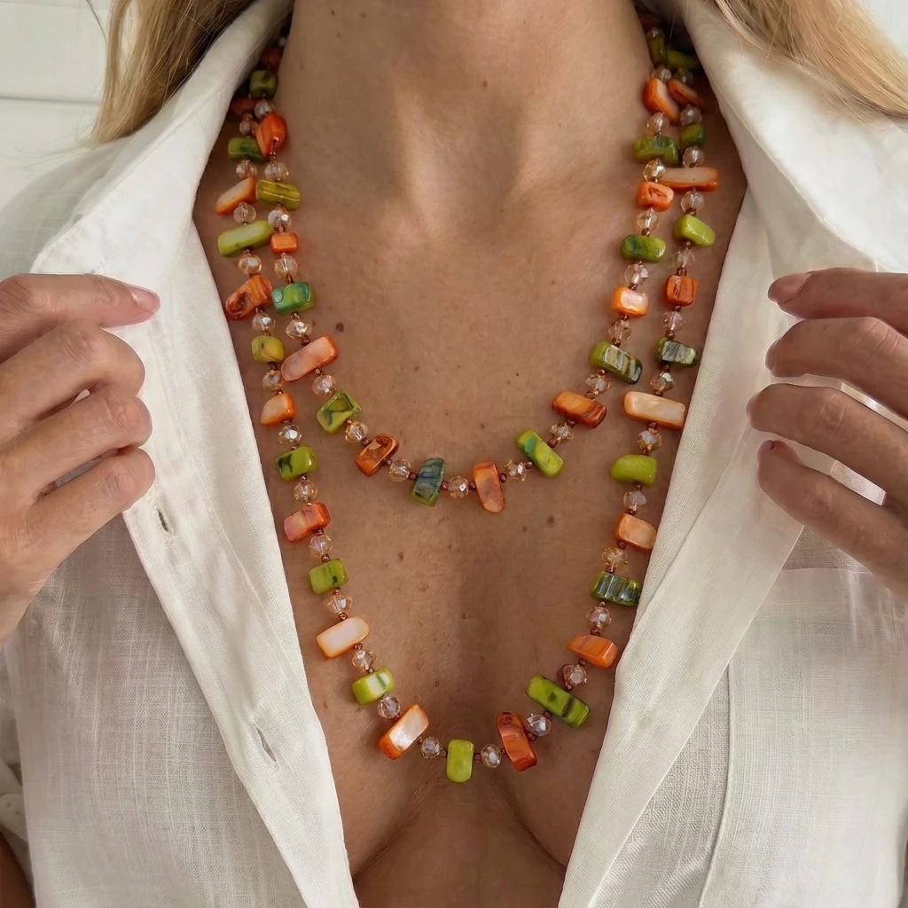Böhmische bunte unregelmäßige Muschel-Perlenketten für Damen und Herren, handgefertigte Kristallperlen, doppellagige lange Pulloverkette, Schmuck – Detail 1