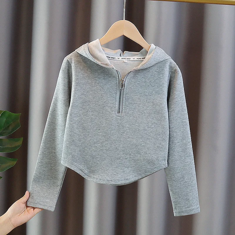 Girls Cotton Plain Hooded Half Zip Cropped Sweatshirt Jackets School Kids Track Pullover Jumper Children Work Coat Tops 3-16Yrs