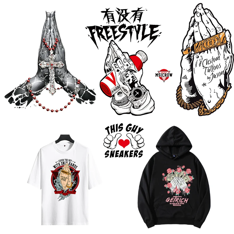 Punk Palm Prayer Rock Hip Hop Heat transfer Sticker Clothing T-shirt Print FashionThermal Transfer Street Iron On Stickers