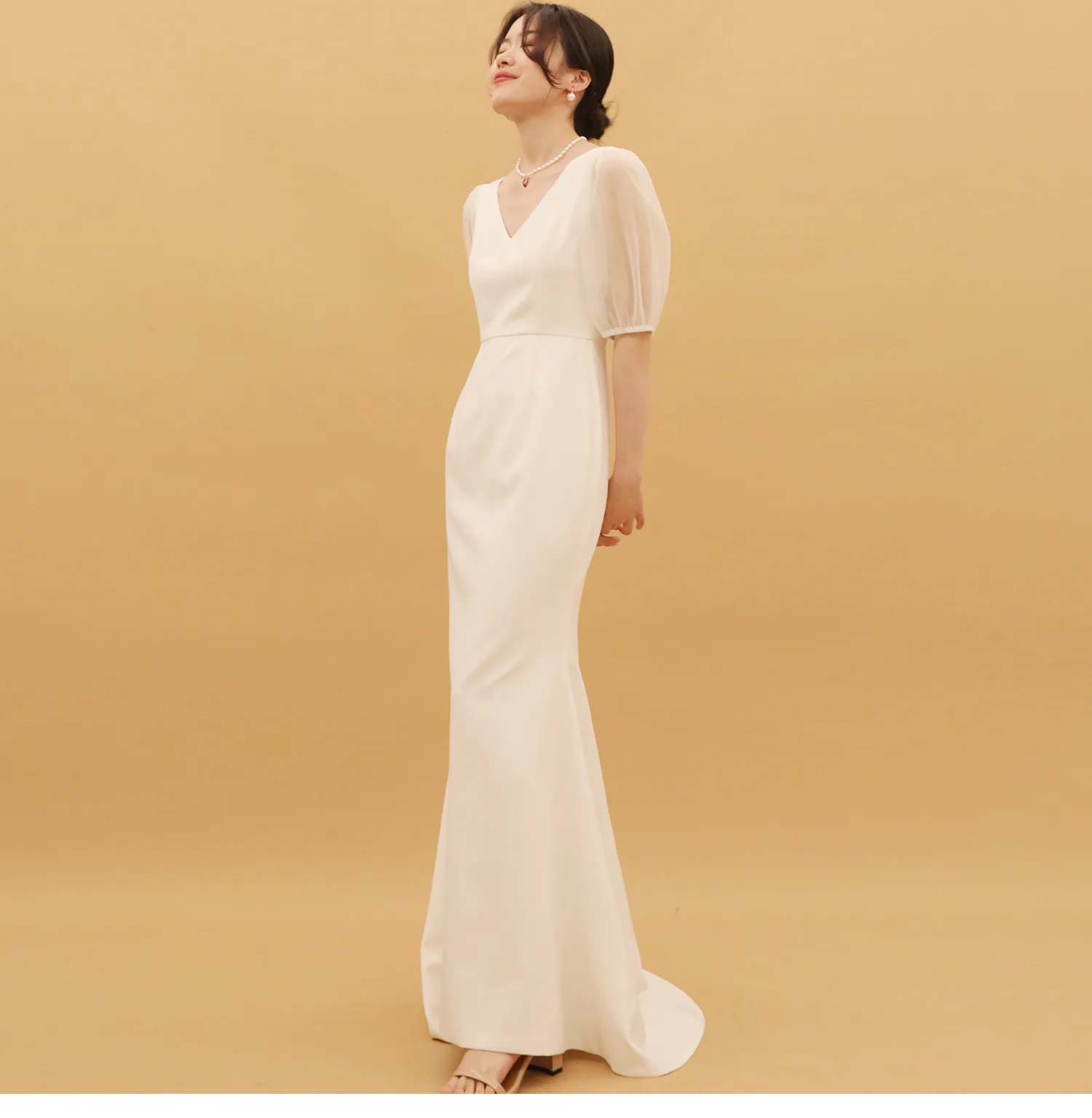 

Mesh Bubble Sleeves Waist Wrapped Fishtail Floor Dragging White Light Wedding Dress Travel Photography Slim Banquet Long Dress