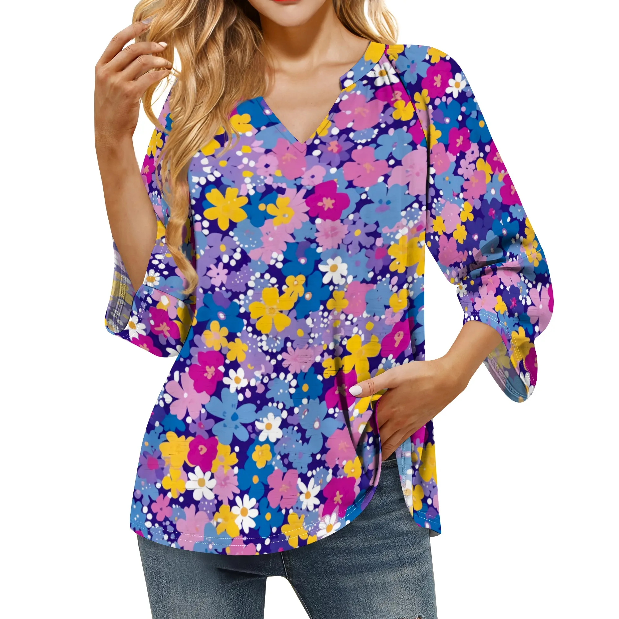 3/4 Length Sleeve Womens Ditsy Floral Graphics Tops Summer V-Neck Blouses Tunic T-Shirts Dressy Casual