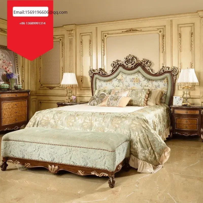 

Custom European luxury double French palace villa carved all solid wood carved princess bed