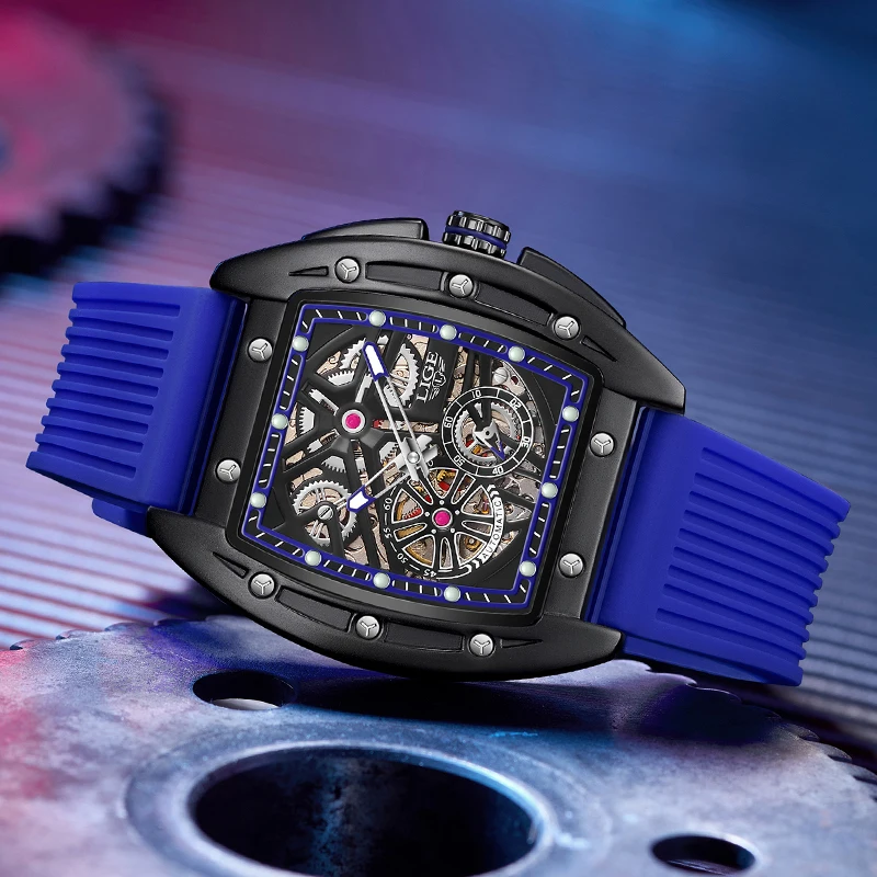 

LIGE Mechanical Wristwatches Luxury Men Watches Business Square Silicone Strap Fashion Automatic Watch 50M Waterproof Male Clock