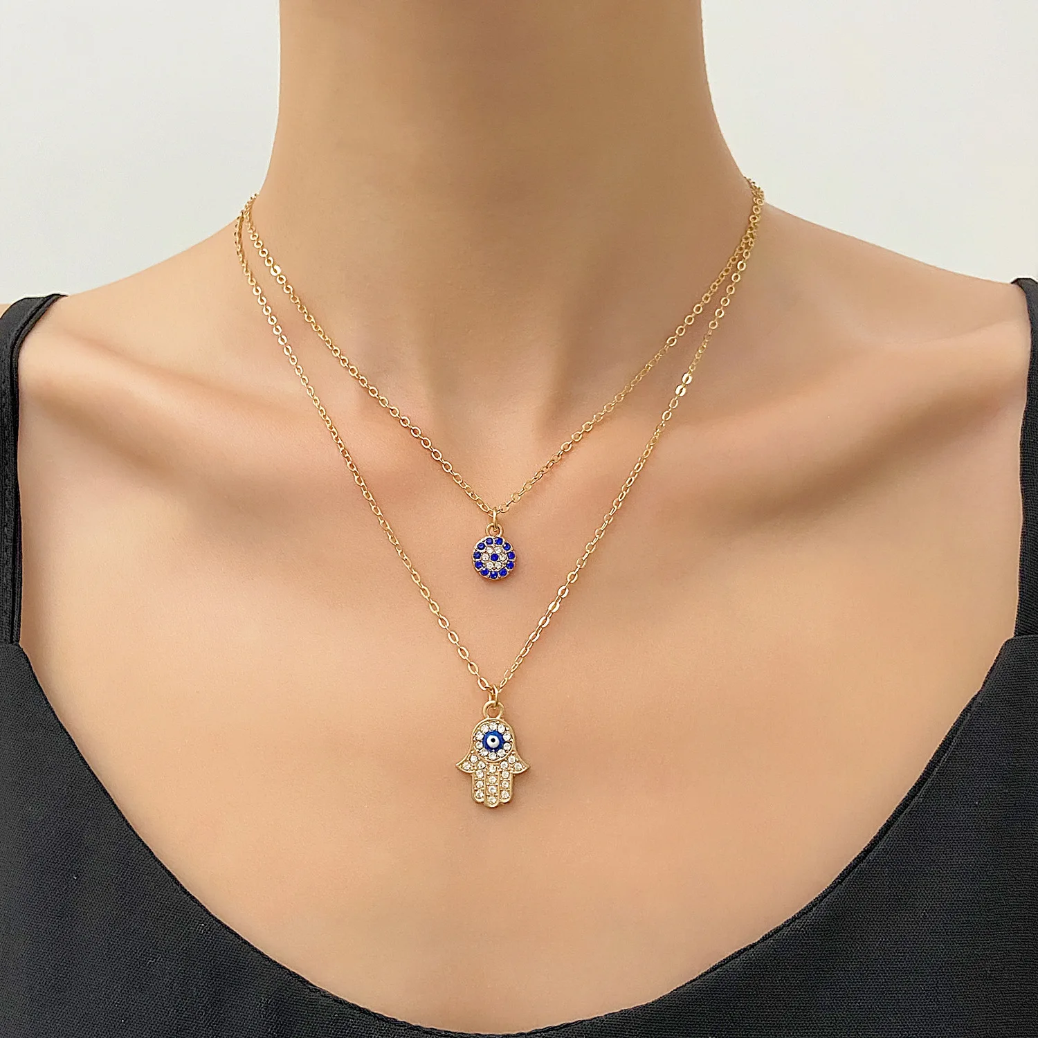 محظوظ الأزرق عيون متعددة الطبقات القلائد الكلاسيكية هاماس اليد الصليب قلادة كولير جولة التركية المسيح مجوهرات هدية للرجال النساء